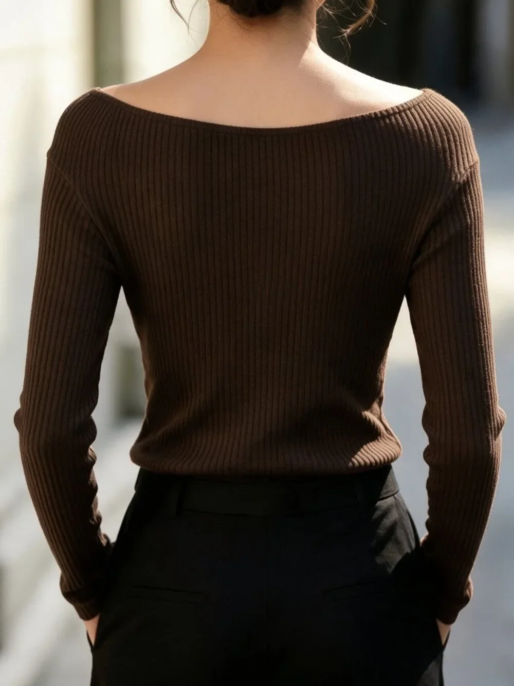 Brown Casual Women's Twisted Knot Rib-Knit Boat Neck Long Sleeve Top